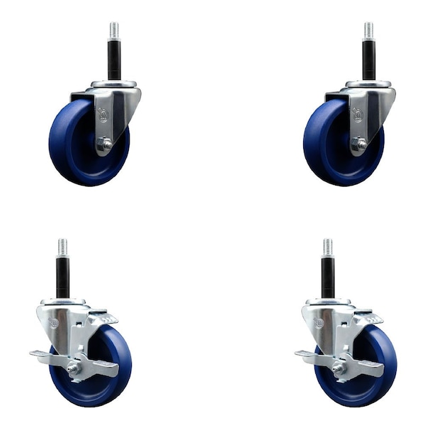 4'' Solid Poly Wheel Swivel 3/4'' Expanding Stem Caster Set 2 Brakes, 4PK